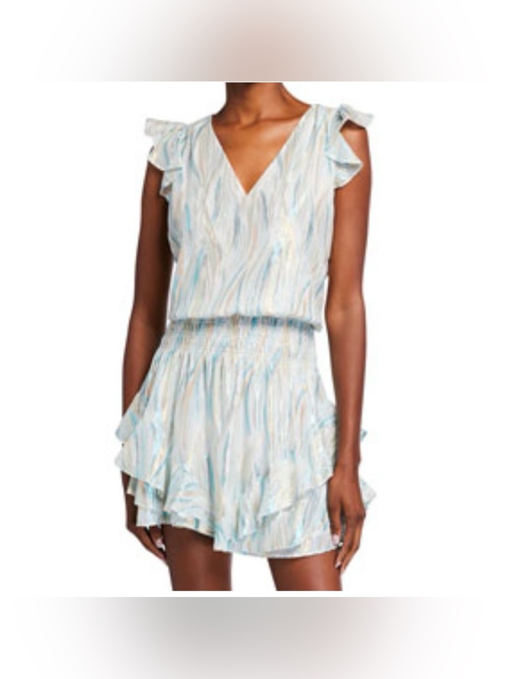 Ramy Brook Simone White Blue Metallic Silk Lurex Ruffle Mini Dress Size Medium